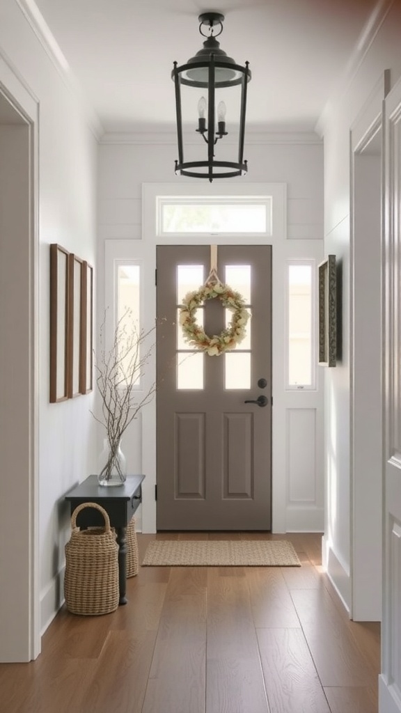 A modern farmhouse entryway featuring a brown door, a wreath, and warm wooden flooring.