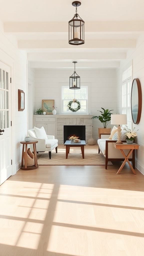 A bright and inviting coastal farmhouse living room with light wood floors, white walls, and stylish furniture.