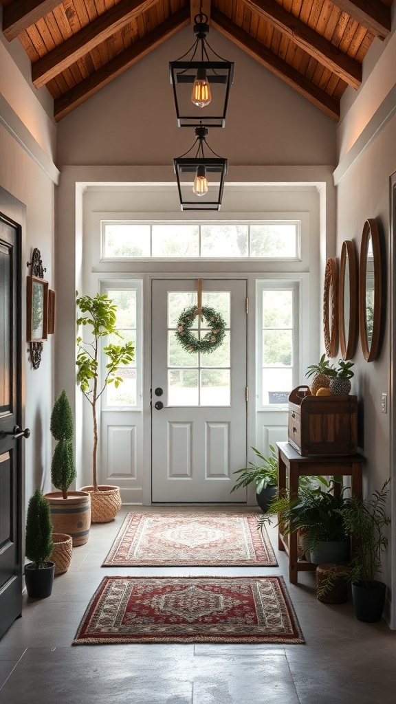 A modern farmhouse entryway featuring a welcoming design with plants, rugs, and warm lighting.