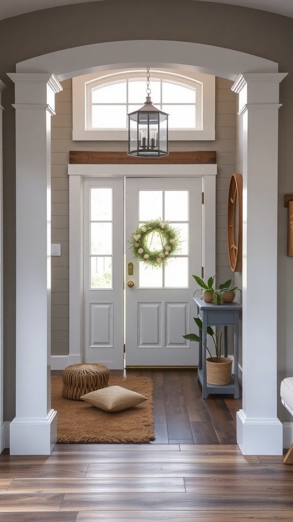 A modern farmhouse entryway featuring a welcoming atmosphere with natural elements.