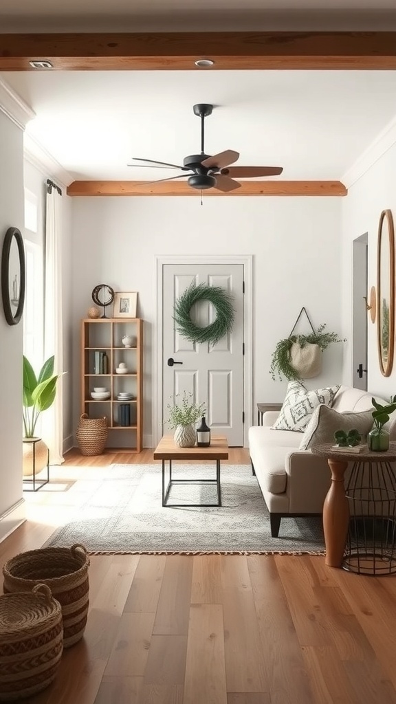 A bright and inviting boho farmhouse living room with natural light, plants, and cozy decor.