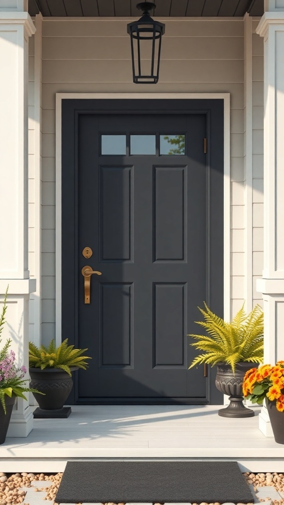A modern farmhouse porch featuring a dark front door with unique hardware and potted plants.