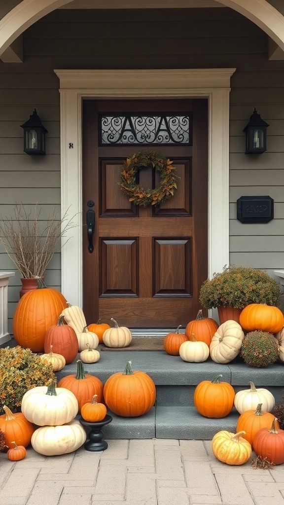 A front door decorated with various pumpkins and a wreath, creating a warm fall atmosphere.