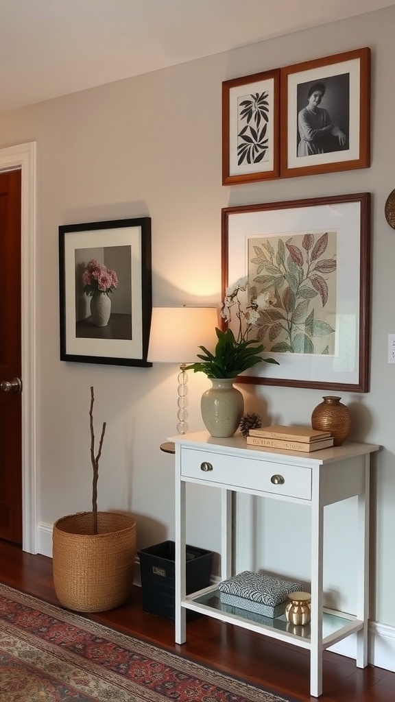 A small entryway with a table displaying wall art, vases, and baskets.