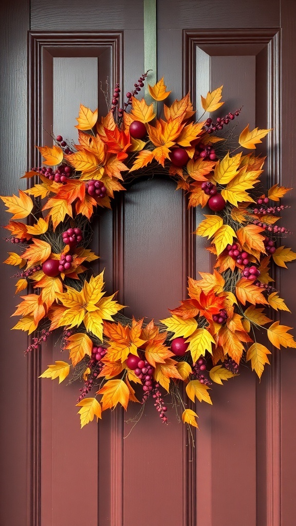 A vibrant autumn wreath made of orange and yellow leaves and red berries, hanging on a brown door.