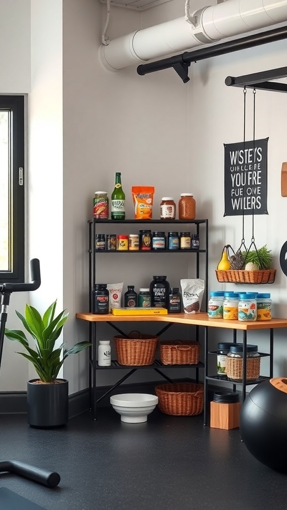 A wellness corner in a home gym with shelves of nutritional supplements and healthy snacks.