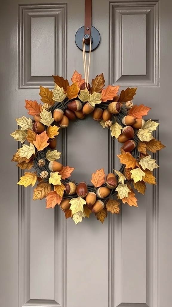 A whimsical fall wreath featuring acorns and oak leaves in warm autumn colors, hanging on a front door.