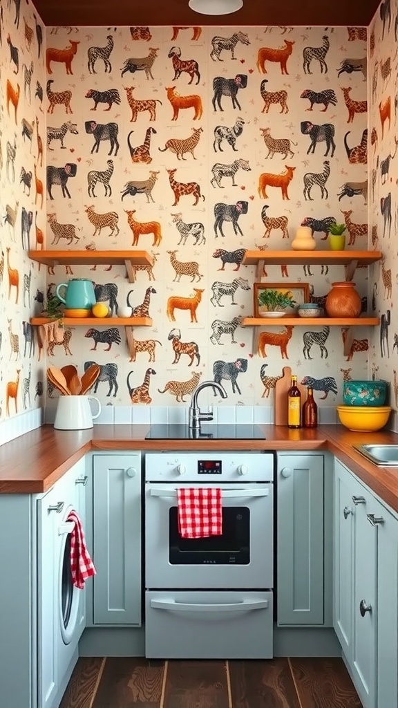 A cozy kitchen featuring whimsical animal print wallpaper with various animals.