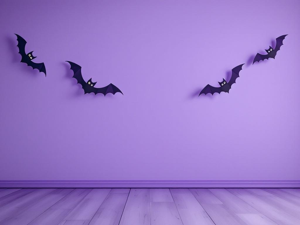 Whimsical bat garlands on a purple wall