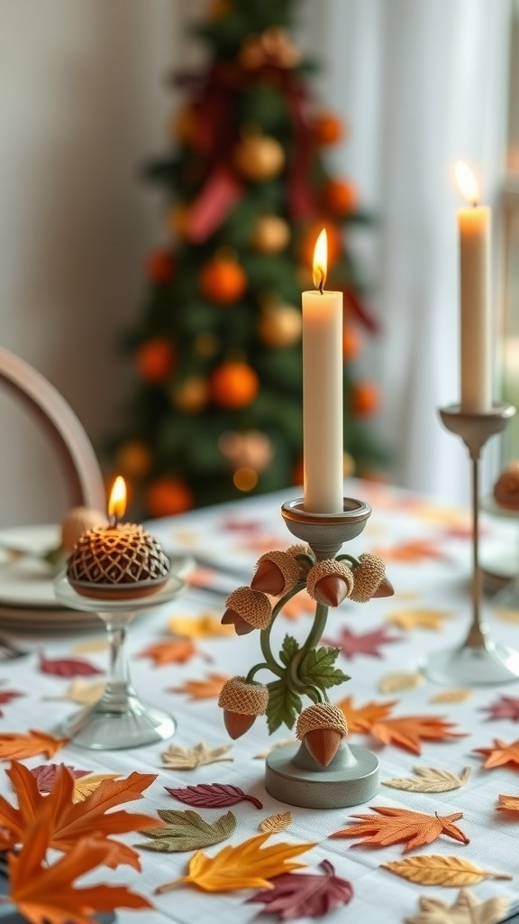 A fall table setting with whimsical candle holders featuring acorns and a classic design, surrounded by colorful leaves and a decorated Christmas tree in the background.