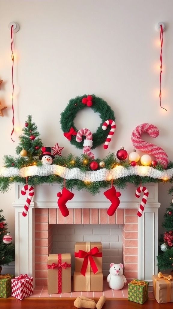 A festive Christmas mantle decorated with candy canes, stockings, and colorful gifts.