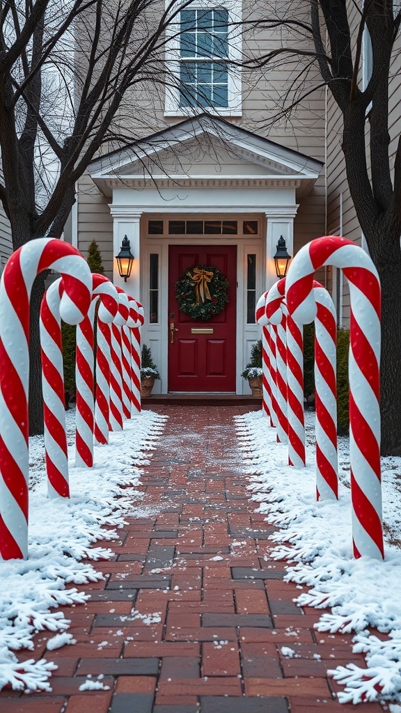Candy cane decorations lining a snowy pathway leading to a front door.