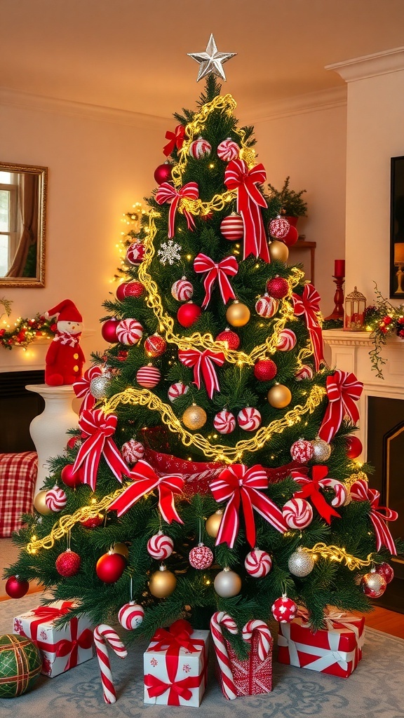 A Christmas tree decorated with red and white candy cane theme, featuring ribbons, ornaments, and lights.
