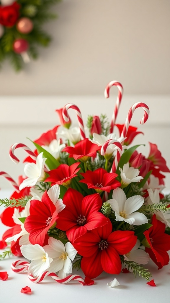 A colorful floral centerpiece featuring red and white flowers with candy canes.