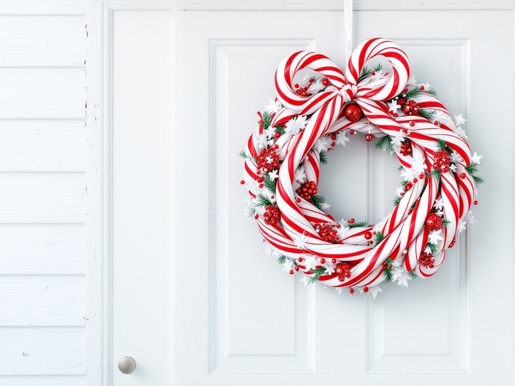 A whimsical candy cane wreath with red and white stripes, adorned with berries and a bow, hanging on a white door.