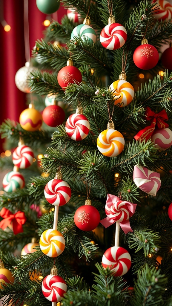 A Christmas tree decorated with colorful candy-themed ornaments, including lollipops and candy canes.