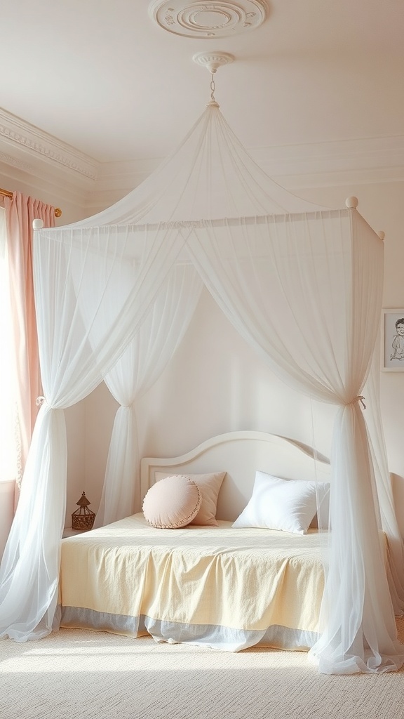 A cozy bedroom featuring a canopy bed with soft drapes and pastel colors.