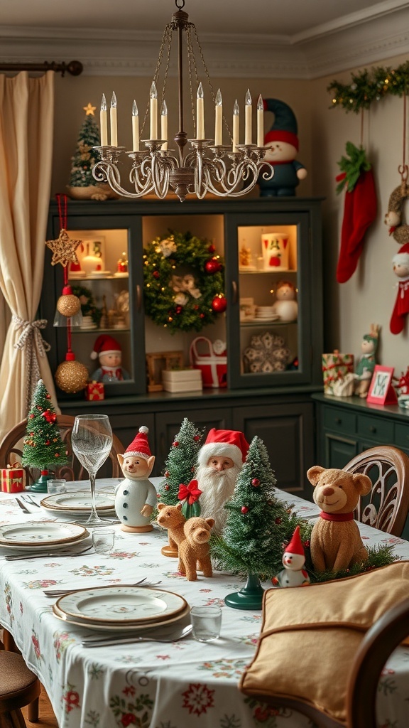 A cozy Christmas dining room with playful decorations including snowmen, teddy bears, and small trees.