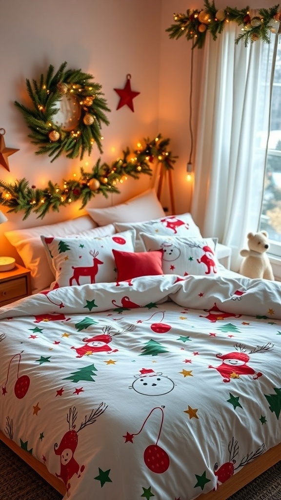A cozy bedroom with a whimsical Christmas duvet cover featuring festive designs and colors.
