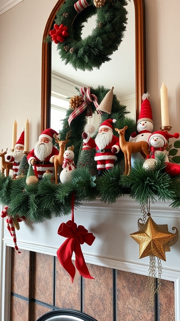 A festive mantel decorated with whimsical Christmas figurines, including Santa, snowmen, and reindeer, surrounded by greenery and a wreath.
