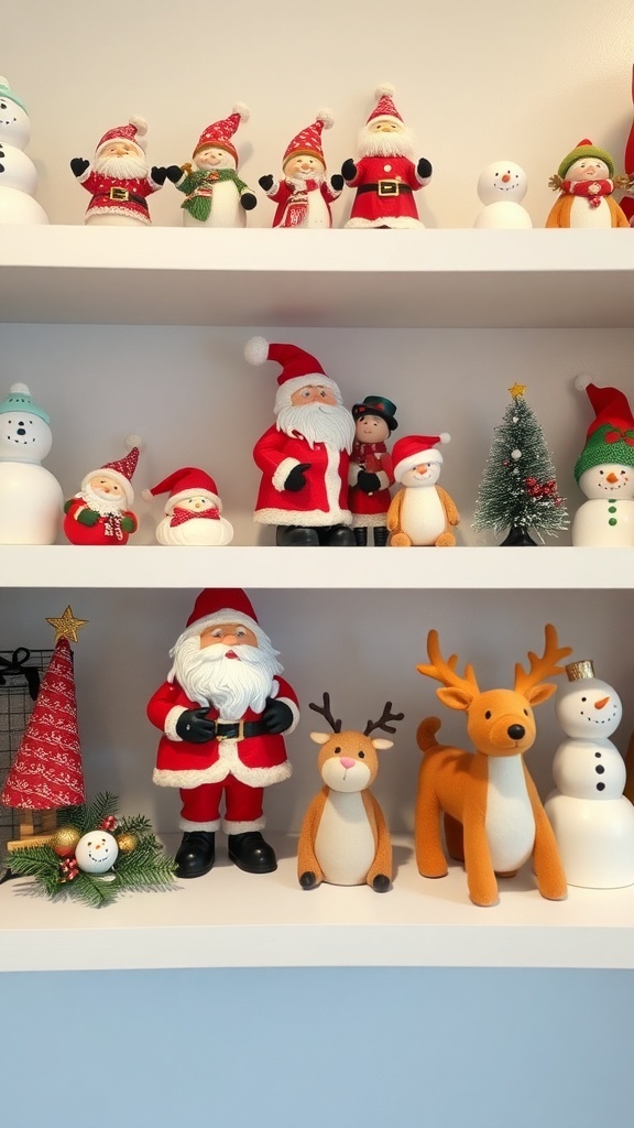 A collection of whimsical Christmas figurines including Santa Claus, snowmen, and reindeer on a shelf.