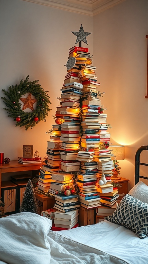 A Christmas tree made of stacked books, decorated with lights and ornaments, in a cozy bedroom setting.