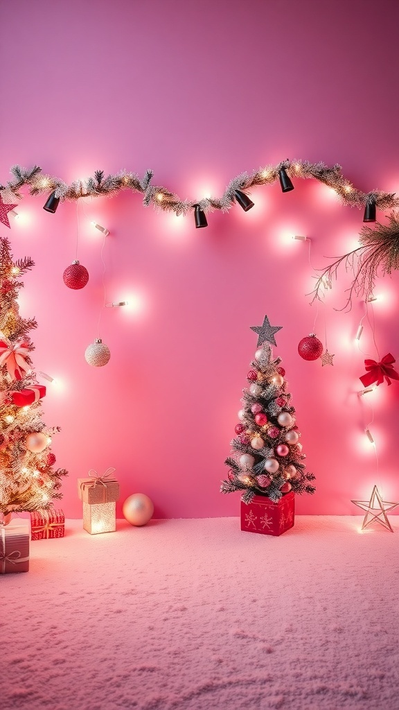 A whimsical pink Christmas bedroom with festive decorations and wall art.