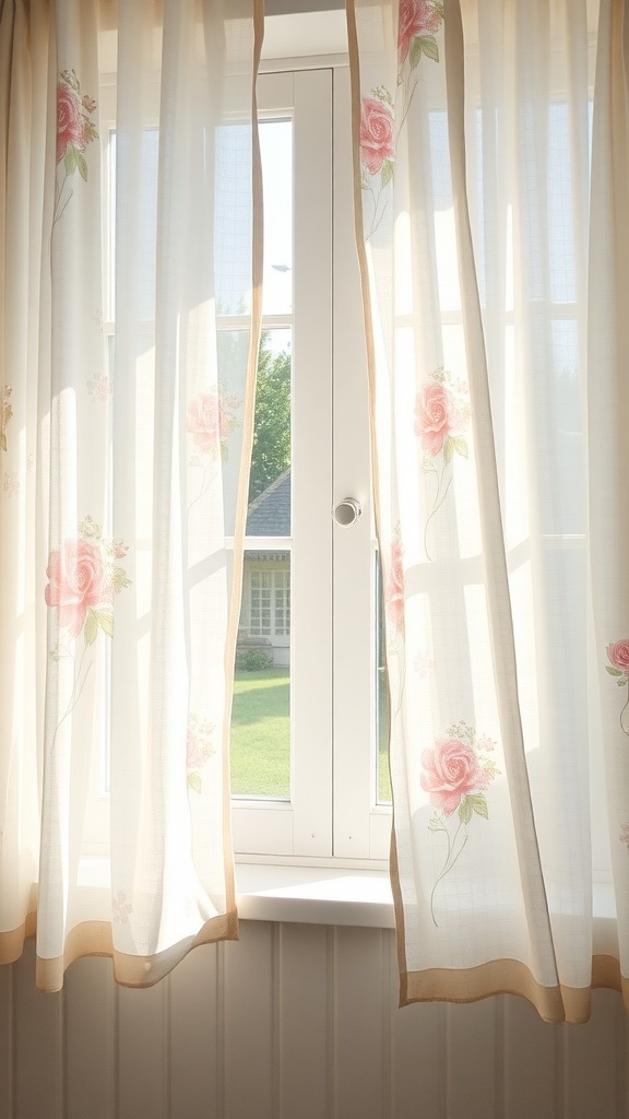 Light, floral-patterned curtains hanging in a cottage living room window.