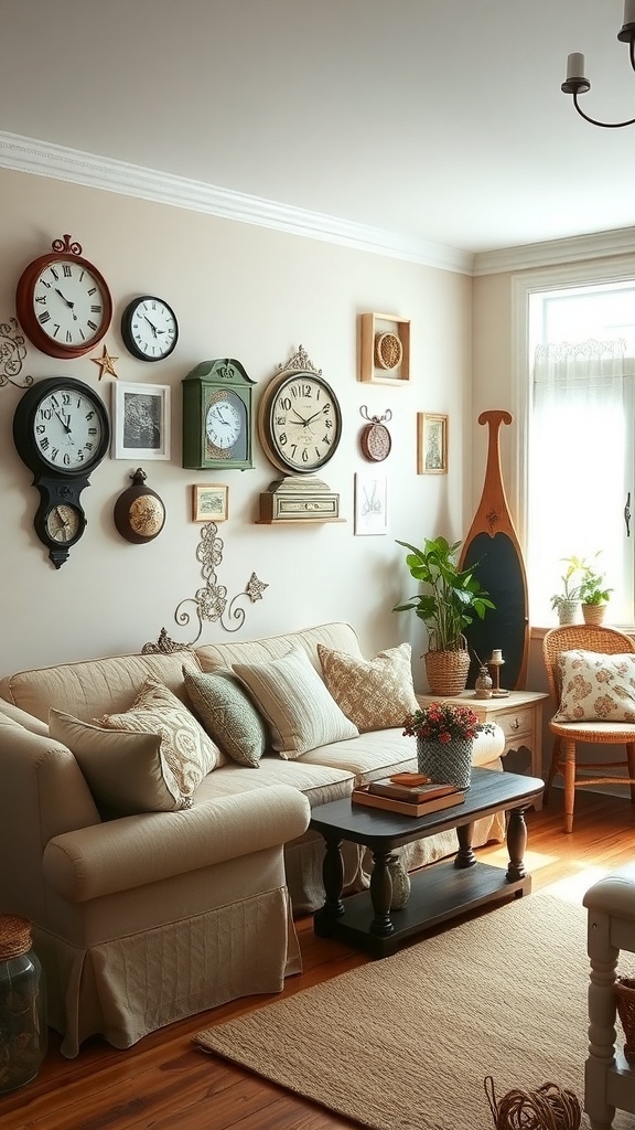 A cozy cottage living room with various clocks on the wall, a comfortable sofa, and plants.