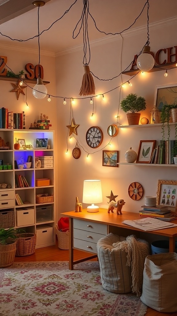 A cozy craft room with warm lighting, decorative shelves, and a stylish desk.