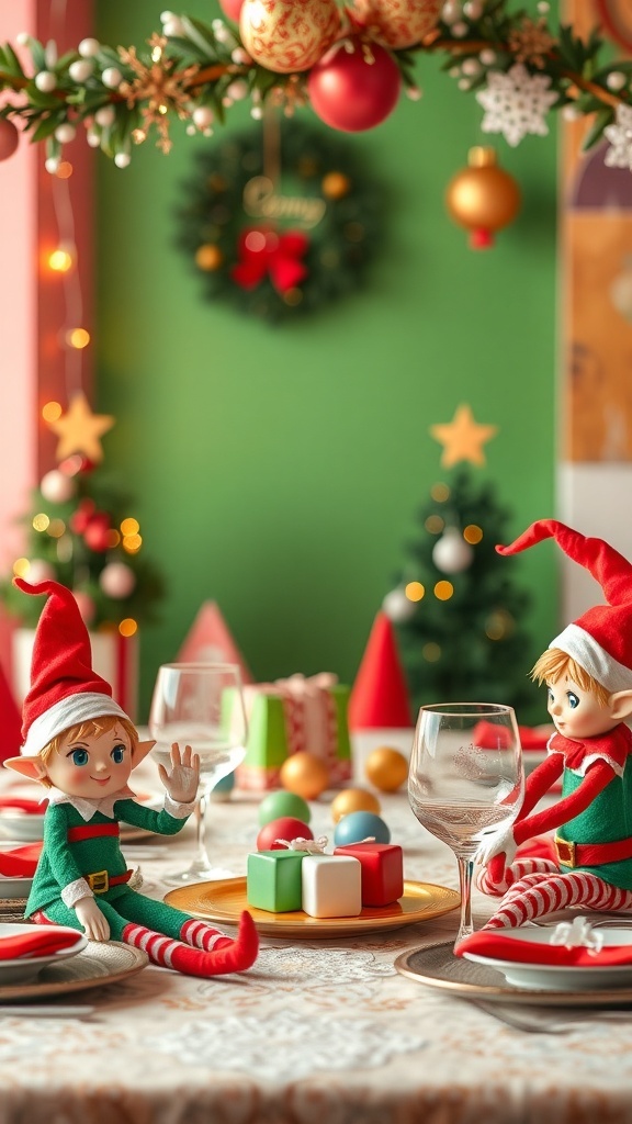 A whimsical elf-themed Christmas table setting with festive decorations and cheerful colors.