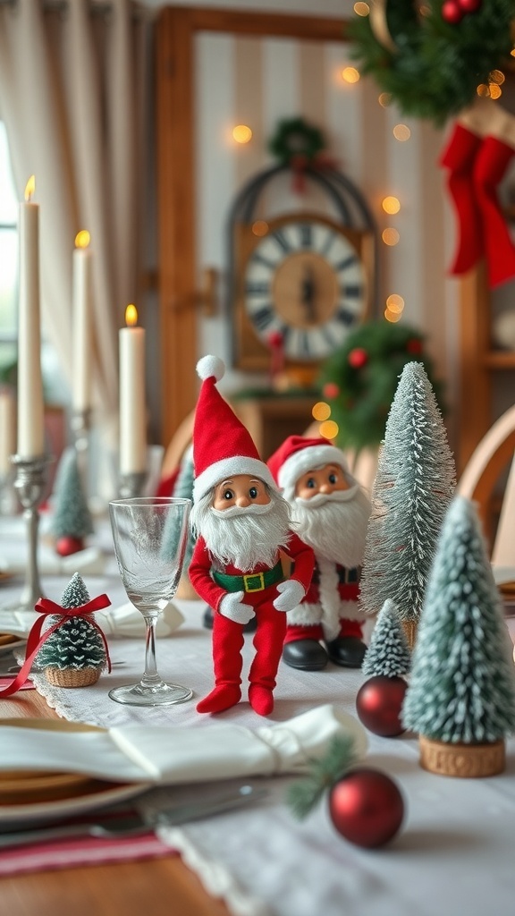 A festive table setting with elf and Santa figurines, candles, and Christmas trees.
