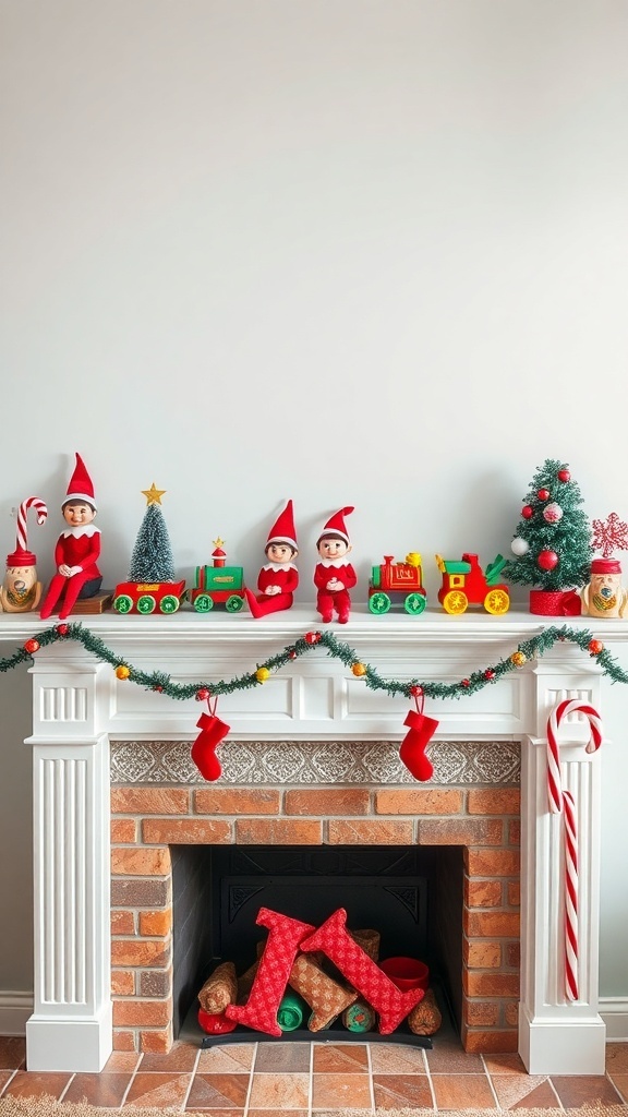 A colorful Christmas fireplace mantel decorated with elves, toy trains, and festive stockings.