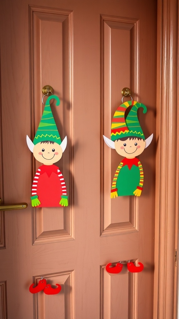Two whimsical elf door hangers on a brown door