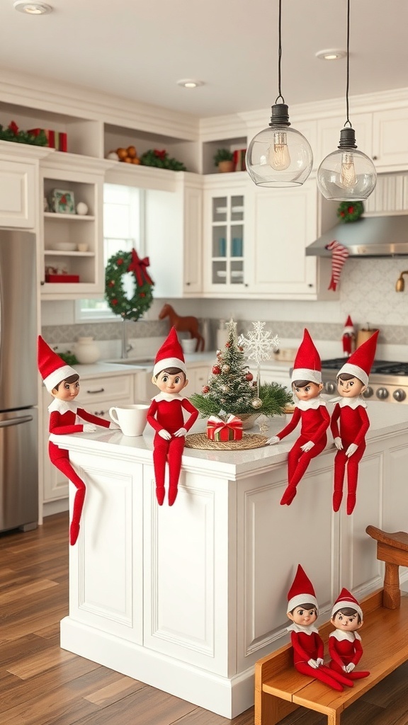 A kitchen island decorated with whimsical elf figurines for Christmas.