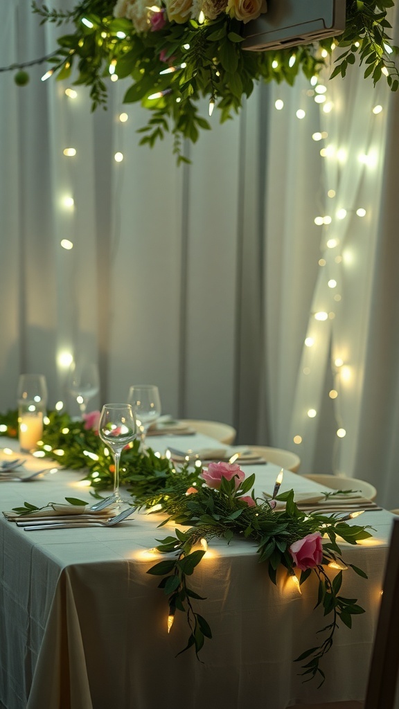 A beautifully decorated table with fairy lights and flowers for a Valentine's Day setting.