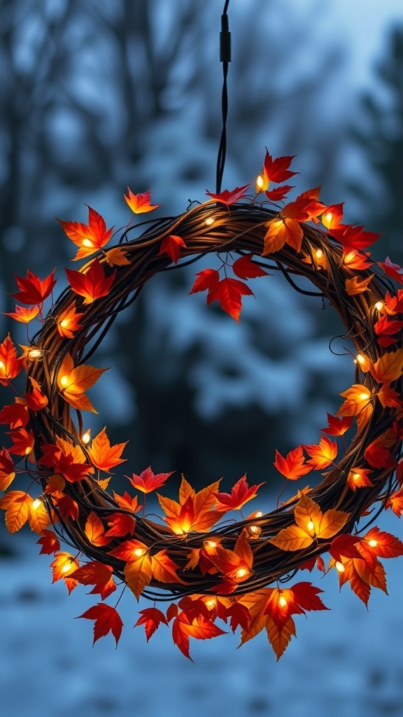 A whimsical wreath made of autumn leaves and fairy lights, hanging against a snowy background.