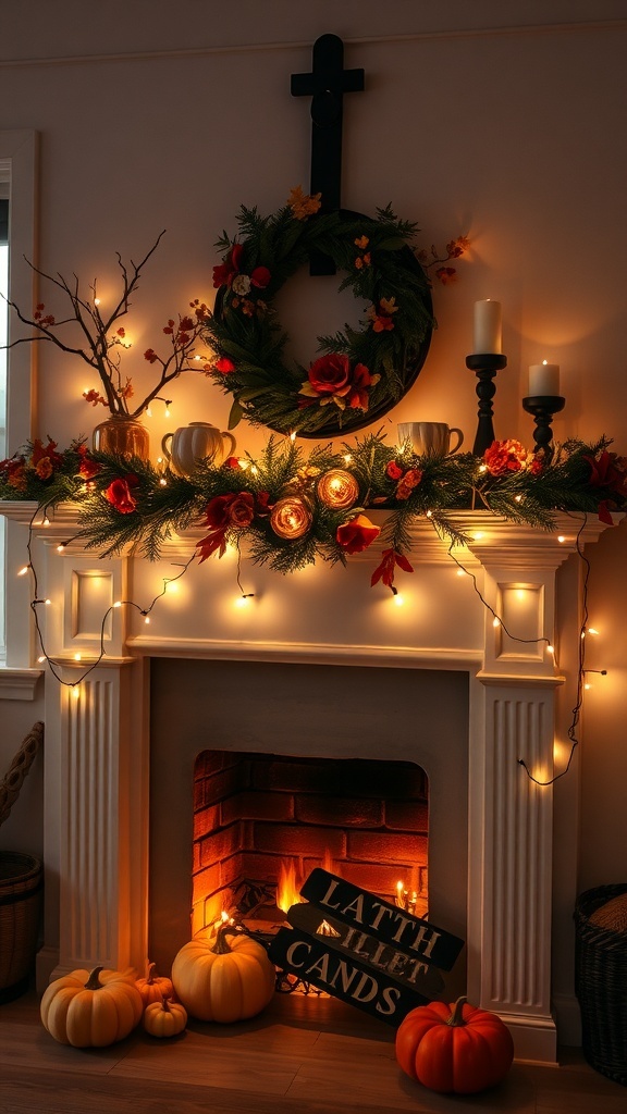 A beautifully decorated fireplace mantle with fairy lights, pumpkins, and autumn flowers.