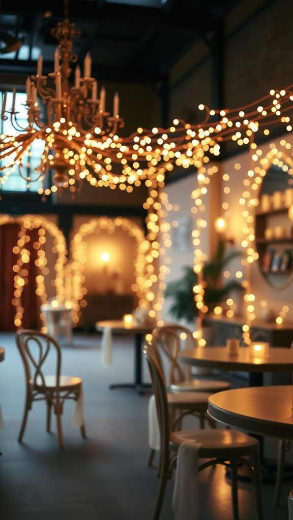 A cozy room decorated with fairy lights and a chandelier, creating a warm atmosphere.