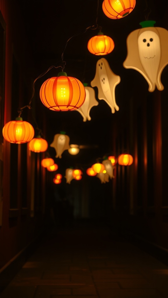 A string of Halloween-themed fairy lights featuring pumpkins and ghosts, illuminating a dark hallway.