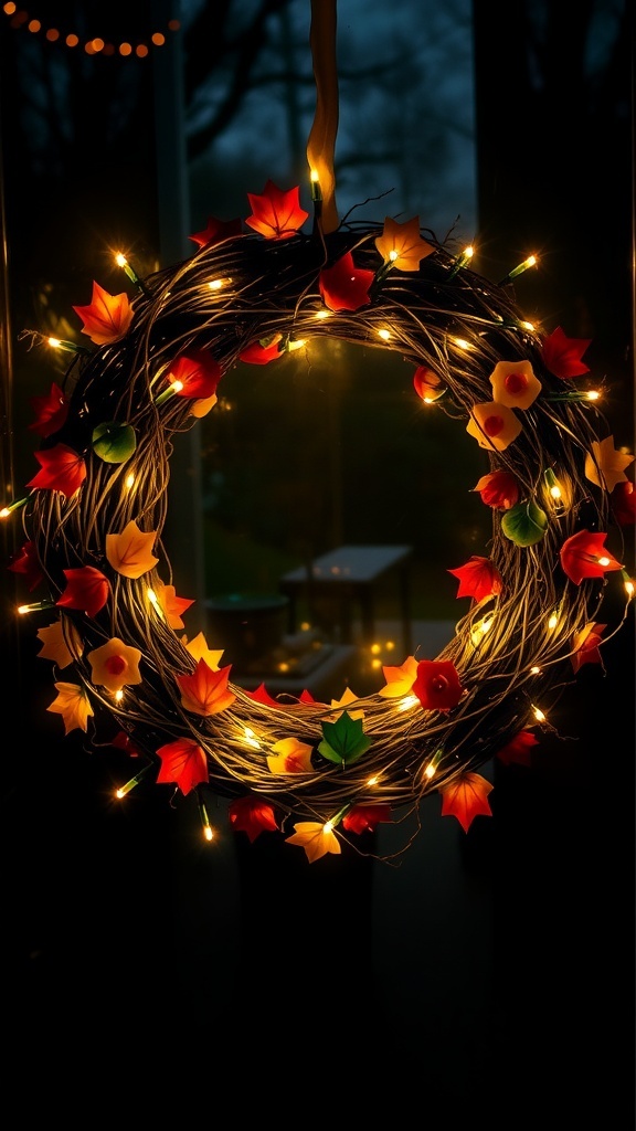 A decorative wreath made of twigs, adorned with colorful leaves and fairy lights, hanging in a dimly lit room.