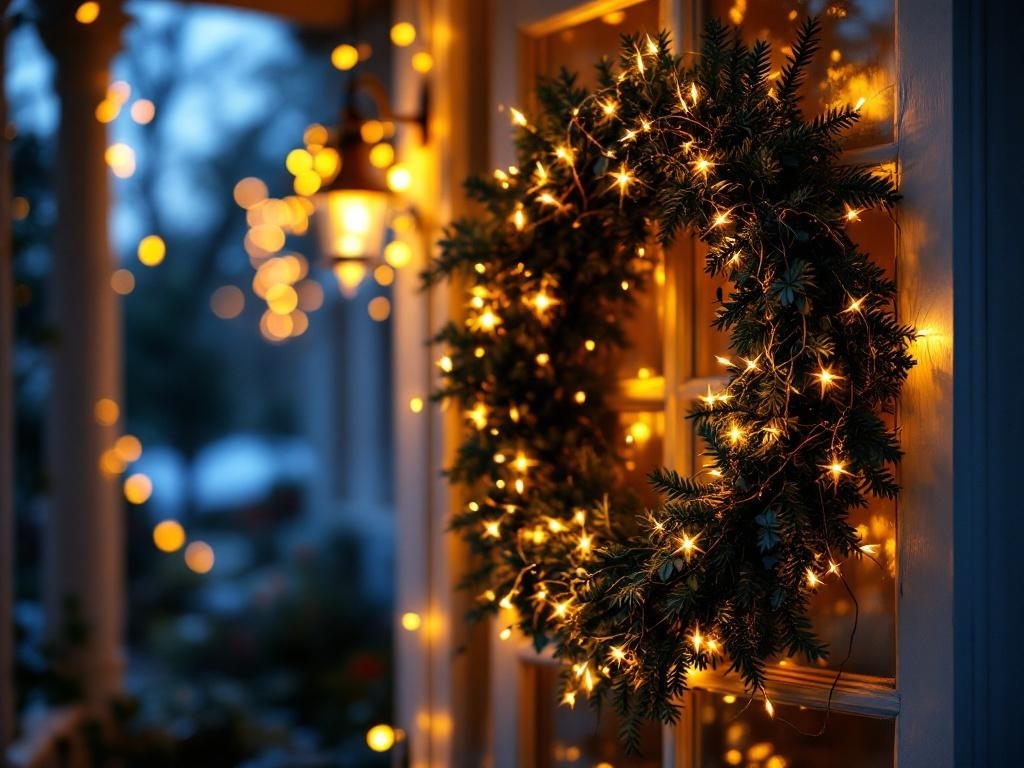 A beautifully lit wreath with fairy lights hanging on a door, creating a cozy atmosphere.