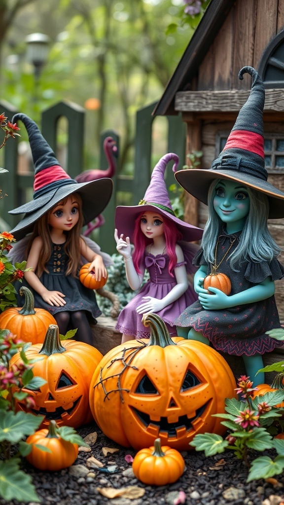 A whimsical scene with fairy tale creatures celebrating Halloween, featuring pumpkins and playful characters.