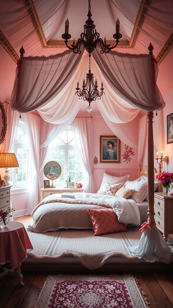 A whimsical fairy tale themed bedroom with pink walls, flowing drapes, a chandelier, and vintage furniture.