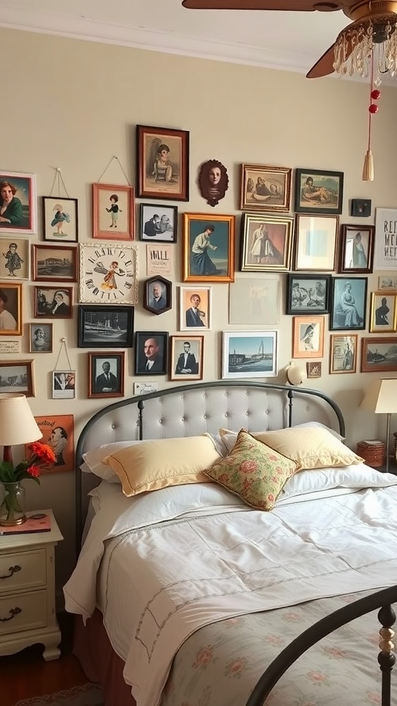 A vintage bedroom featuring a gallery wall of framed art and photographs, with a cozy bed in the foreground.