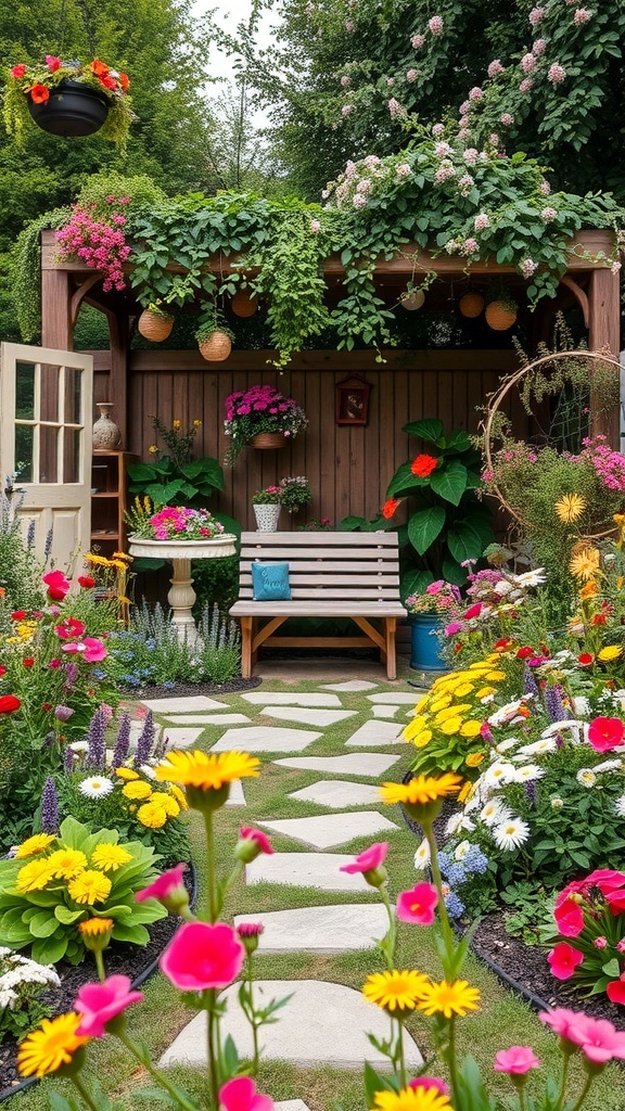 A vibrant garden with colorful flowers, a cozy bench, and lush greenery.