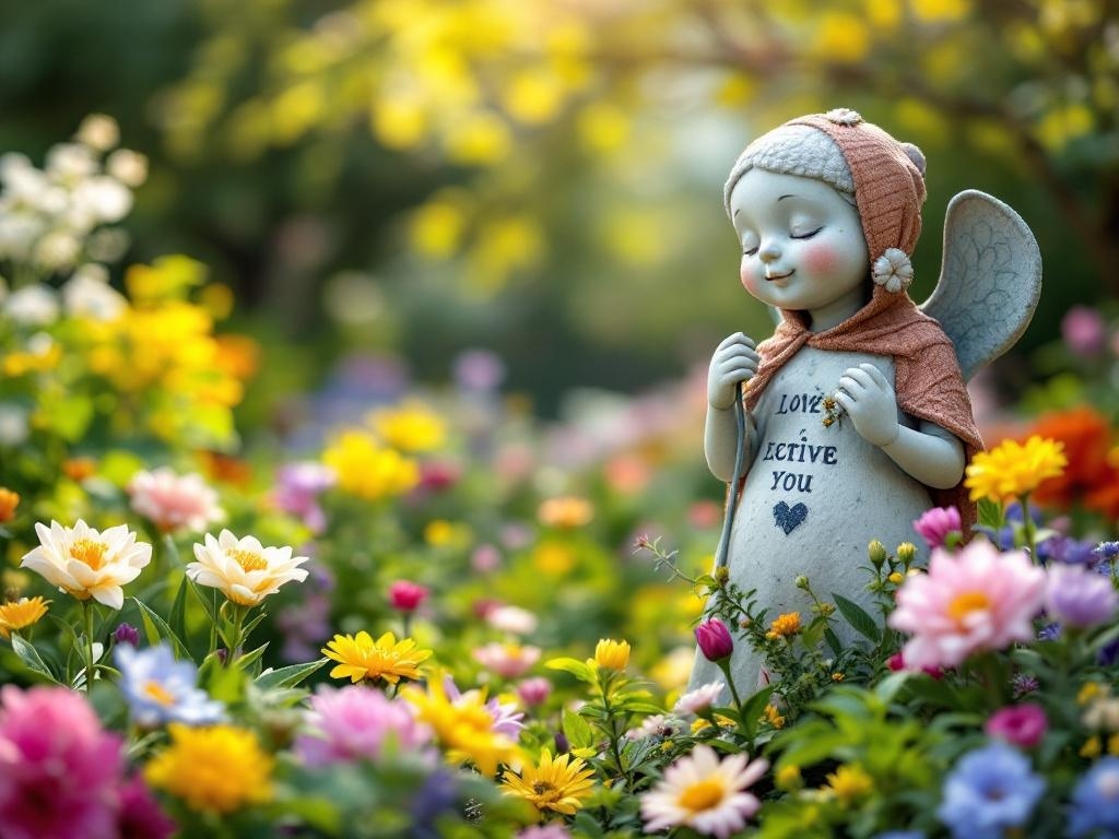 A whimsical garden statue of a cherubic figure surrounded by colorful flowers.