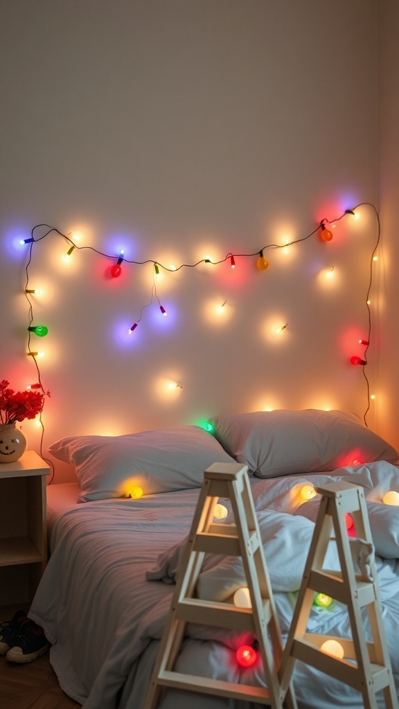 A cozy bedroom decorated with colorful garland lights and a neatly made bed.