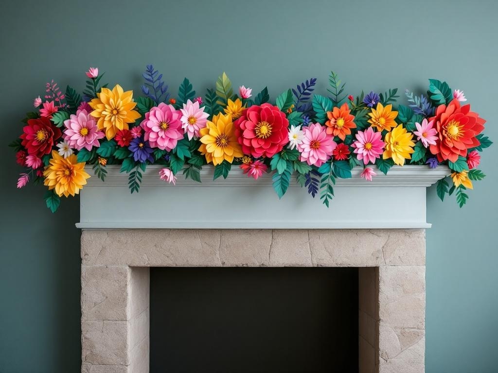 Colorful paper flower garland on a mantel