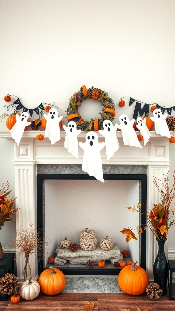 A cozy Halloween decor scene featuring a garland of whimsical white ghosts, pumpkins, and autumn leaves.